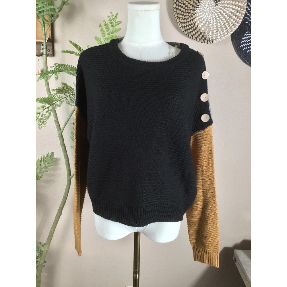 Rue21 Womens Colorblock Knit‎ Sweater Black Grey Yellow Button Shoulder Size M